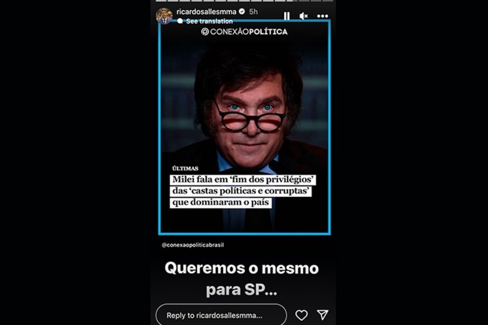 imagem colorida mostra publicação nos stories do instagram de ricardo salles - metrópoles