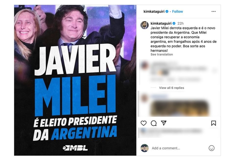 imagem colorida mostra publicação no instagram de kim kataguiri. texto diz “Javier Milei derrota esquerda e é o novo presidente da Argentina. Que Milei consiga recuperar a economia argentina, em frangalhos após 4 anos de esquerda no poder. Boa sorte aos hermanos!”. - metrópoles