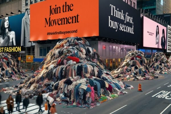 campanha da Vestiaire Collective com roupas empilhadas na rua - metrópoles
