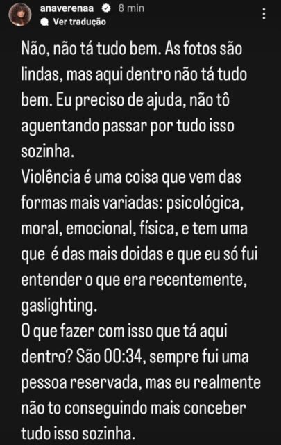 Print da ex-mulher de Fabio Assunção, Ana Verena, sobre a violência sofrida no casamento com o ator - Metrópoles