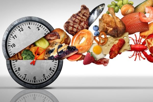 imagem de um relógio do qual saem muitas comidas
