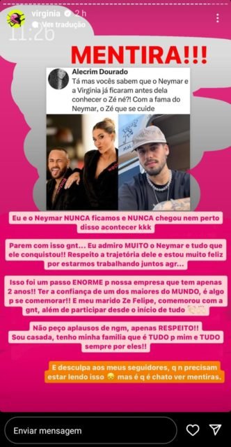Print de Virginia Fonseca sobre suposta ficada com Neymar - Metrópoles