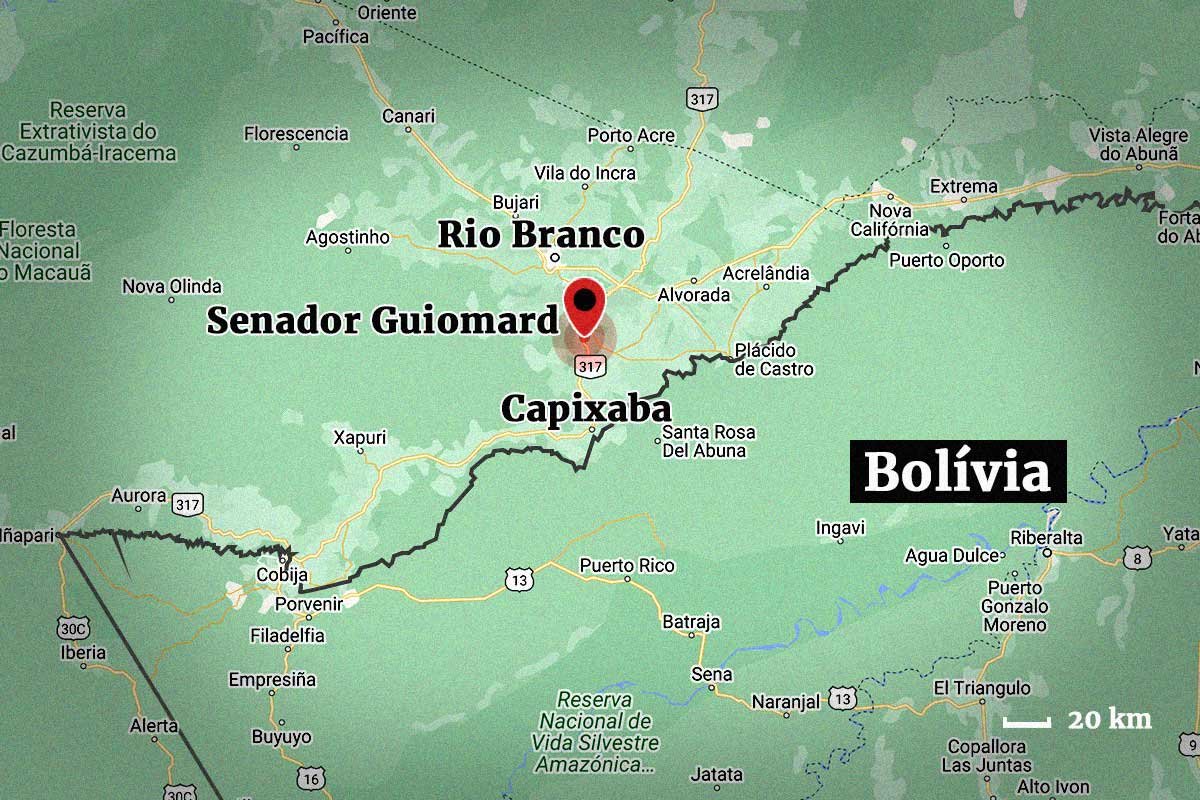 Imagem colorida de mapa do Brasil na fronteira entre Acre e Bolívia