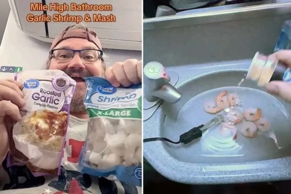 Na imagem, duas fotos de um tiktoker cozinhando no banheiro de um avião - Metrópoles