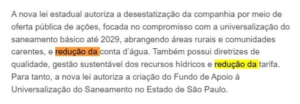 Print de nota do governo de SP mostra texto que diz que tarifa da conta de água irá reduzir com a privatização da Sabesp - Metrópoles