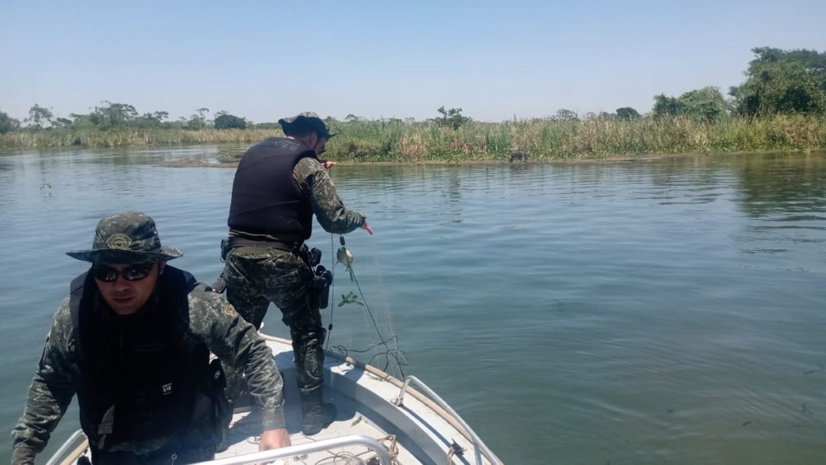 foto colorida de ação da Polícia Ambiental, que apreendeu 35 redes de pesca e 32 quilos de pescado durante patrulhamento no Rio Paraná, em Panorama (SP) - Metrópoles