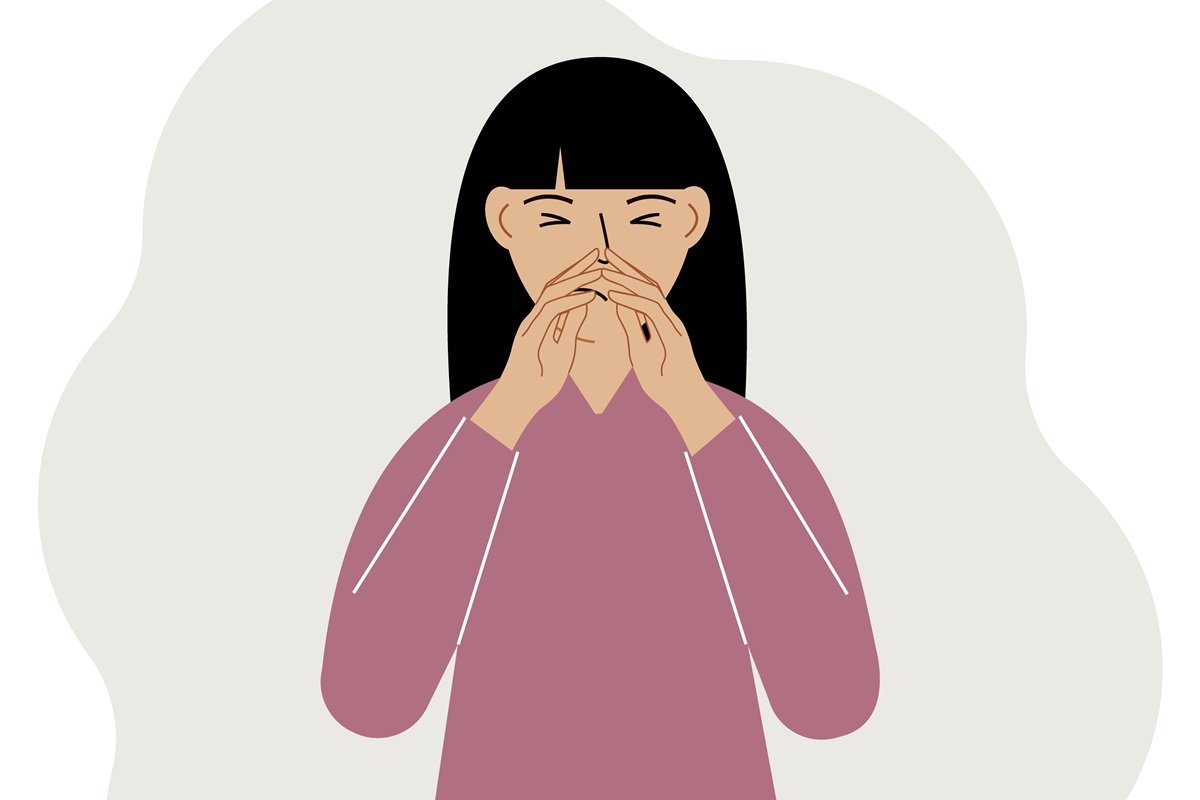 Ilustração colorida mostra mulher de olhos fechados, cobrindo o nariz com as mãos - Metrópoles