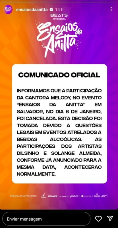 Desconvite de Melody para o evento de Anitta em Salvador - Metrópoles