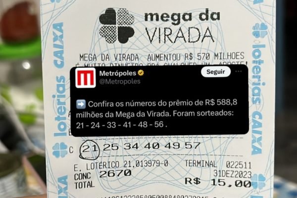 Imagem mostra bilhete da Mega da Virada de 2023, contraposto com os números premiados - Metrópoles