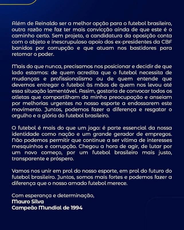 Foto colorida da nota publicada por Mauro Silva em apoio a Reinaldo Carneiro Bastos à presidência da CBF - Metrópoles