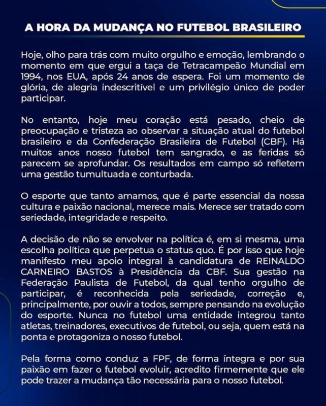 Foto colorida da nota publicada por Mauro Silva em apoio a Reinaldo Carneiro Bastos à presidência da CBF - Metrópoles