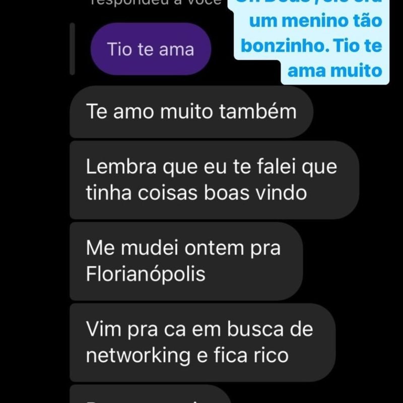 Foto colorida de print de conversa do ex-masterchef com o sobrinho - Metrópoles