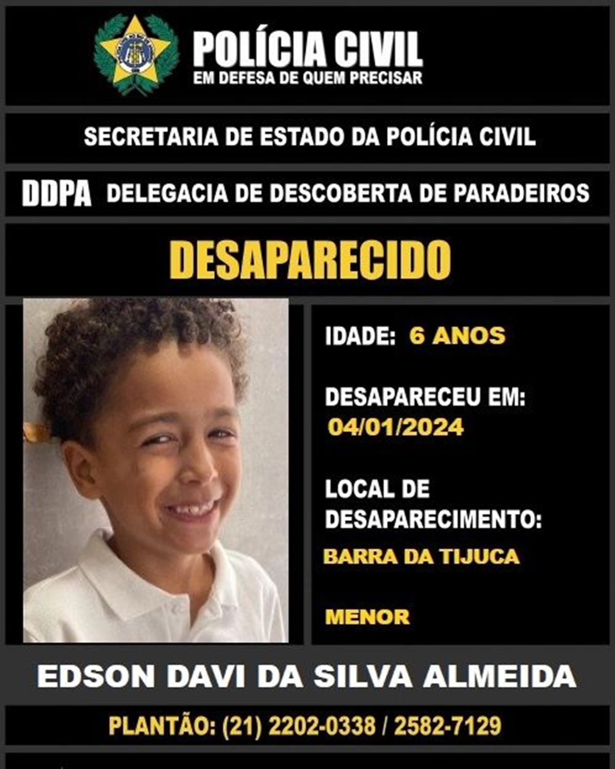 Imagem colorida de cartaza de "Desaparecido" do menino de seis anos Édson Davi da Silva Almeida - Metrópoles