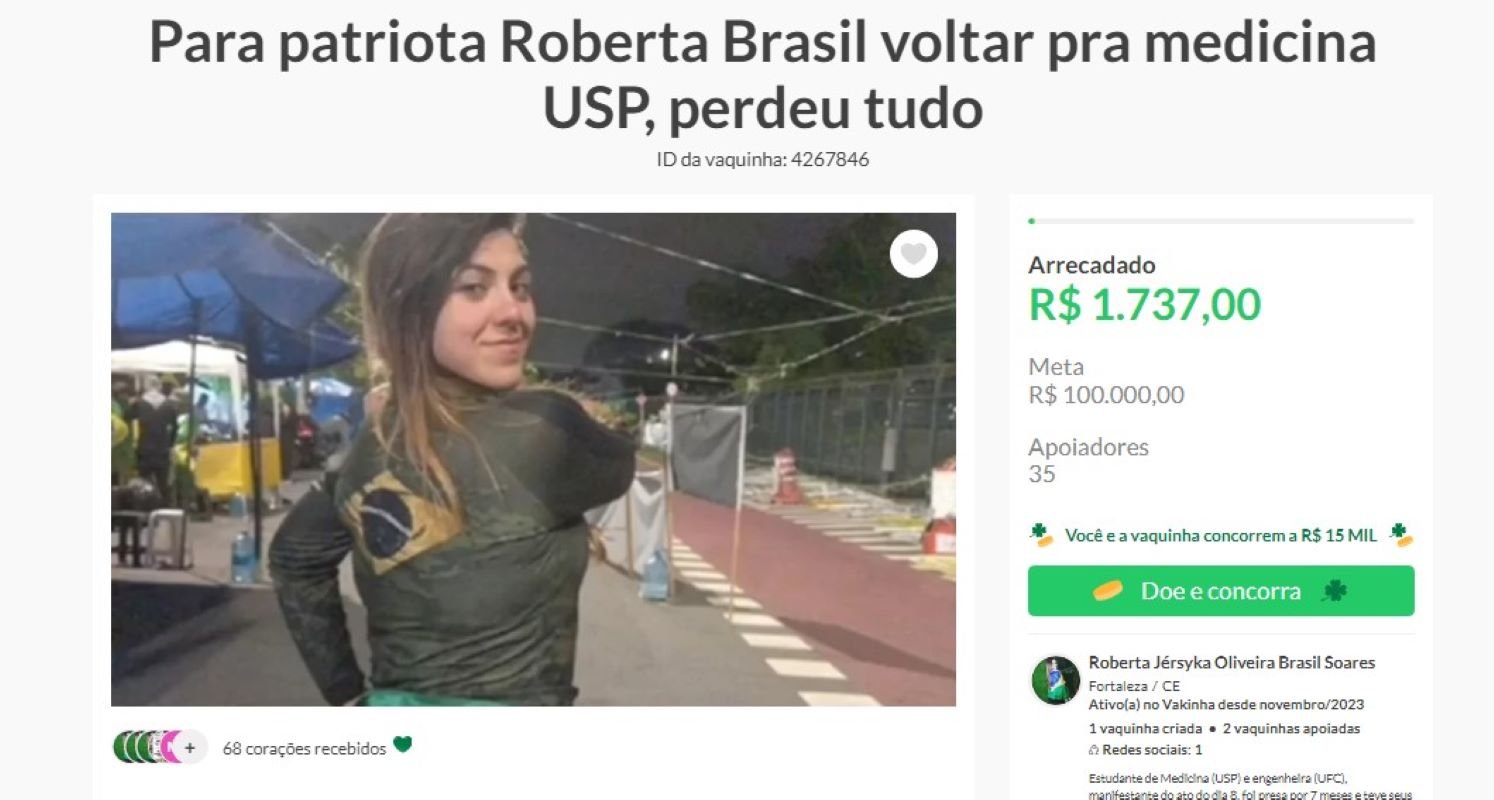 Print de tela mostra site de vaquinha aberto por estudante Roberta Jérsyka Brasil, que quer retomar os estudos na USP - Metrópoles