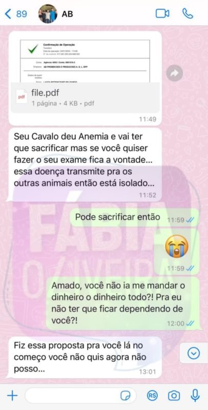 Print de conversa Amado Batista e ex-mulher, Layza - Metrópoles