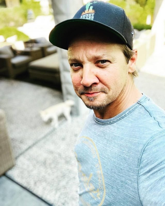 Jeremy Renner posa de boné e blusa cinza - Metrópoles