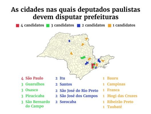 Mapa do estado de SP mostra prefeituras que terão candidaturas de deputados federais e estaduais - Metrópoles