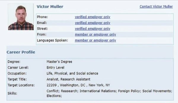 Ficha de contato de Victor Müller, identidade usada por Sergey Cherkasov