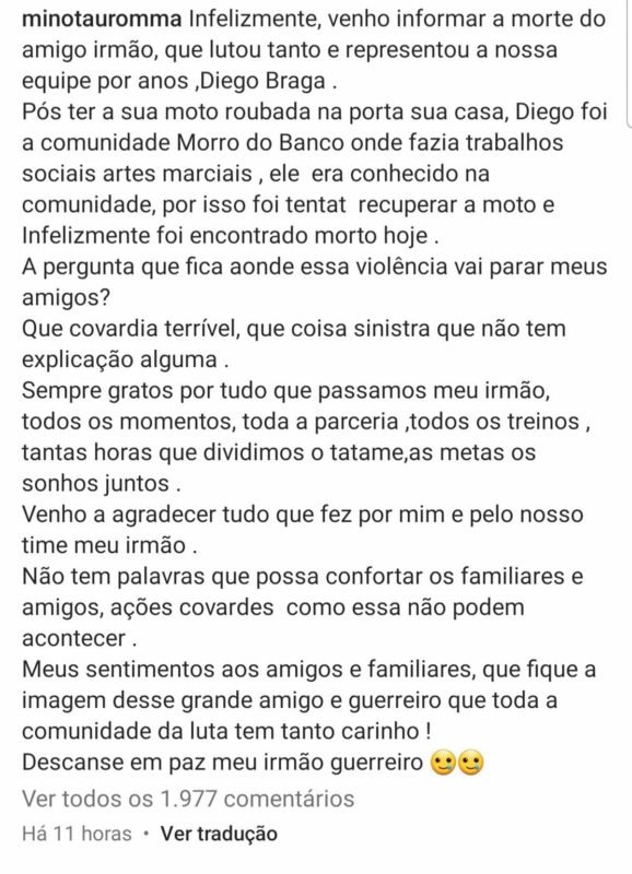 Print luto de lutadores sobre morte de Diego Braga - Metrópoles