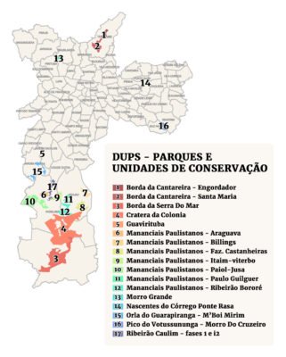 Imagem colorida é um mapa de SP com áreas destacadas em colorido