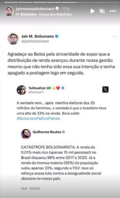 Imagem de um print da conta do ex-presidente Jair Bolsonaro, criticando de forma ironica o deputado Guilherme Boulos - Metrópoles
