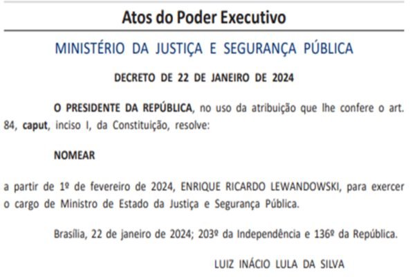 Imagem de nomea&ccedil;&atilde;o do ministro Ricardo Lewandowski no MInist&eacute;rio da Justi&ccedil;a