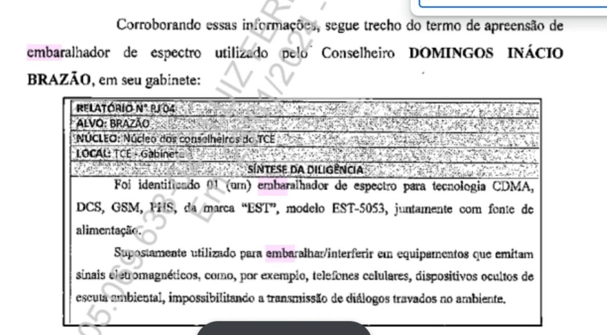 TERMO DE APREENSÃO DE EMBARALHADOR DE SINAIS NO GABINETE DE DOMINGOS BRAZÃO - METRÓPOLES
