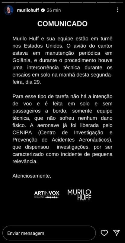 Print do comunicado da equipe de Murilo Huff sobre incidente com jatinho - Metrópoles