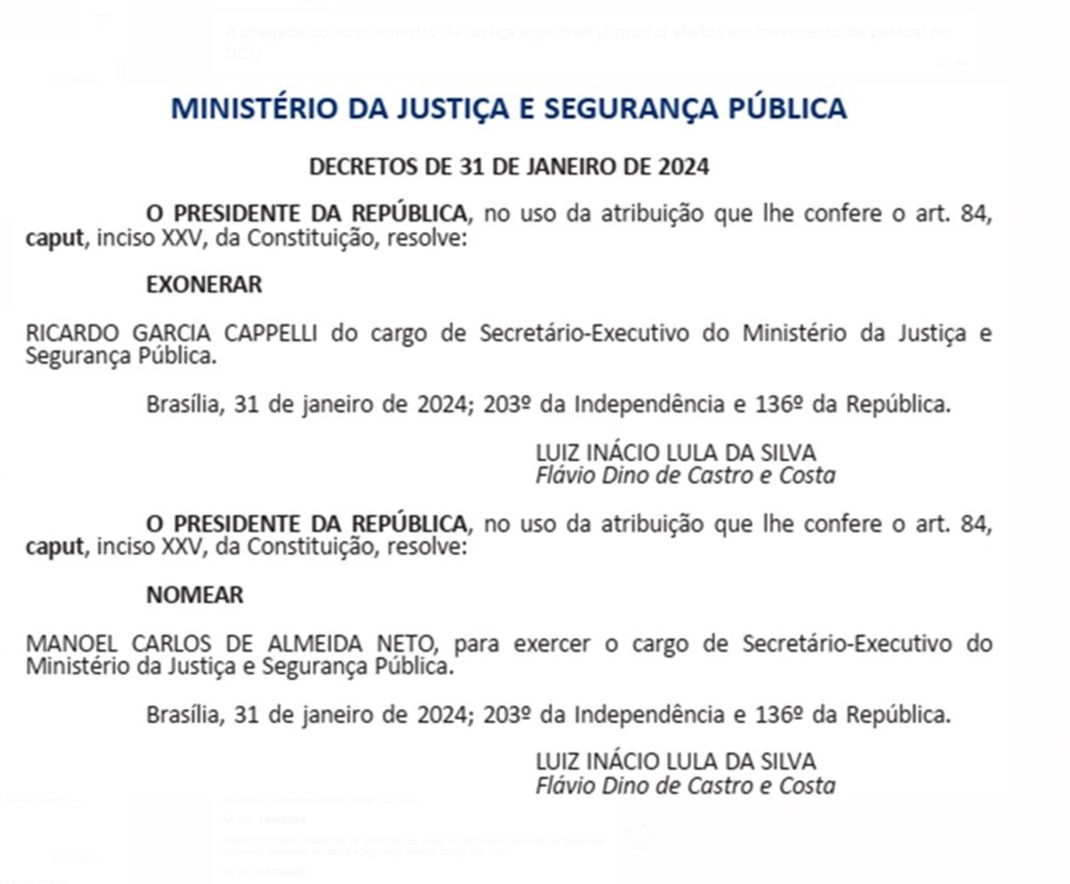 DOU com nome de Manoel Carlos no Ministério da Justiça