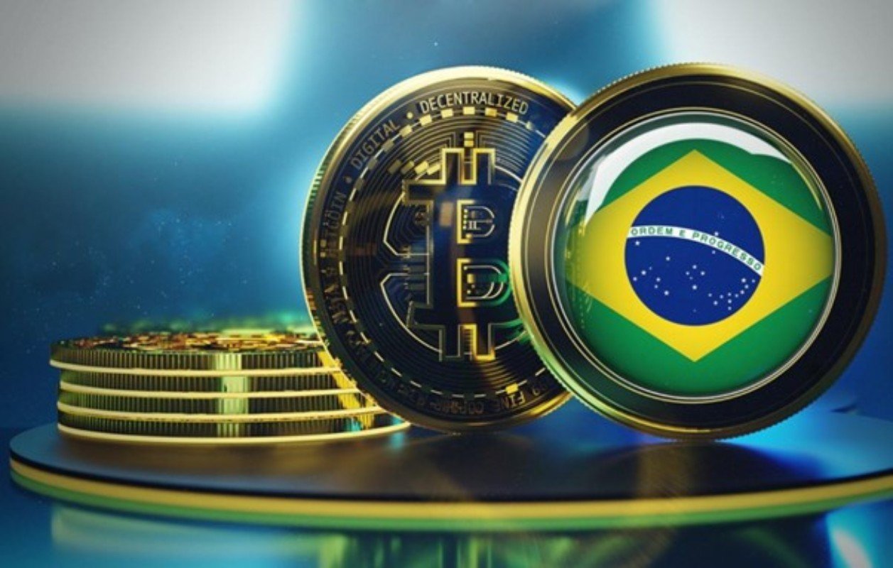Imagem colorida mostrando criptomoedas com a bandeira do Brasil-Metrópoles