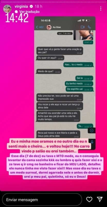 Print do relato de Virginia Fonseca sobre experiência sobrenatural com o pai morto - Metrópoles