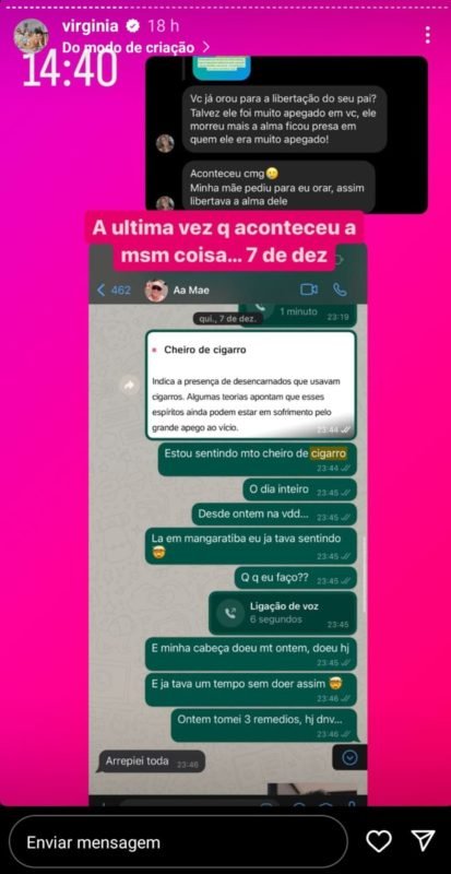 Print do relato de Virginia Fonseca sobre experiência sobrenatural com o pai morto - Metrópoles