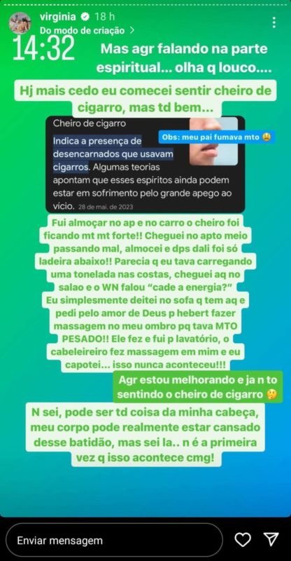 Print do relato de Virginia Fonseca sobre experiência sobrenatural com o pai morto - Metrópoles