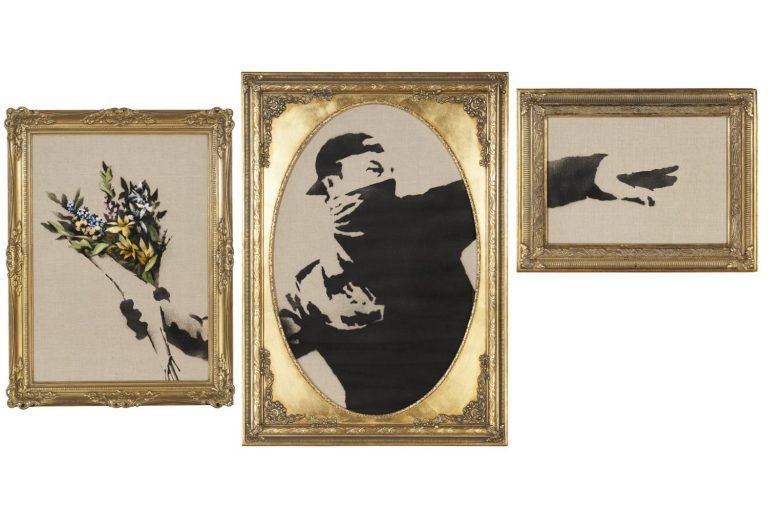 quadro que mostra um grafiteiro jogando flores 