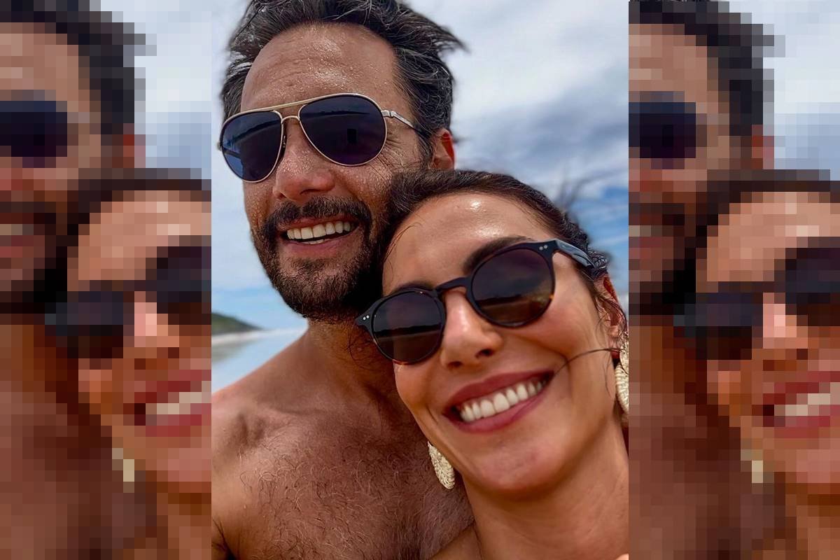 Mel Fronckowiak e Rodrigo Santoro lado a lado em foto colorida. Os dois sorriem para a câmera e usam óculos de sol - Metrópoles