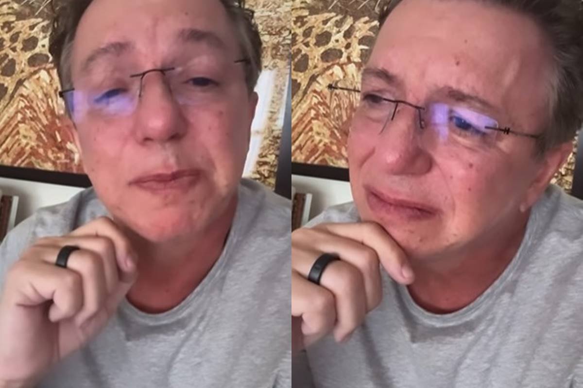 Montagem com fotos coloridas de Boninho chorando - Metrópoles
