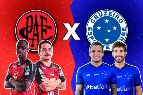 arte colorida coloca escudos e jogadores de Pouso Alegre e Cruzeiro frente a frente