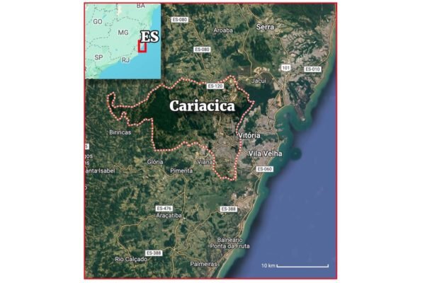 Imagem colorida mostra mapa da cidade de Cariacia, no estado do espírito Santo - Metrópoles
