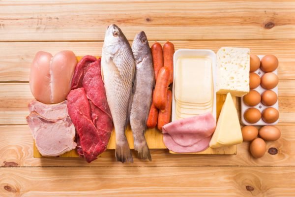 Alimento fonte de proteína - queijo, frango, peixe, bife, ovos