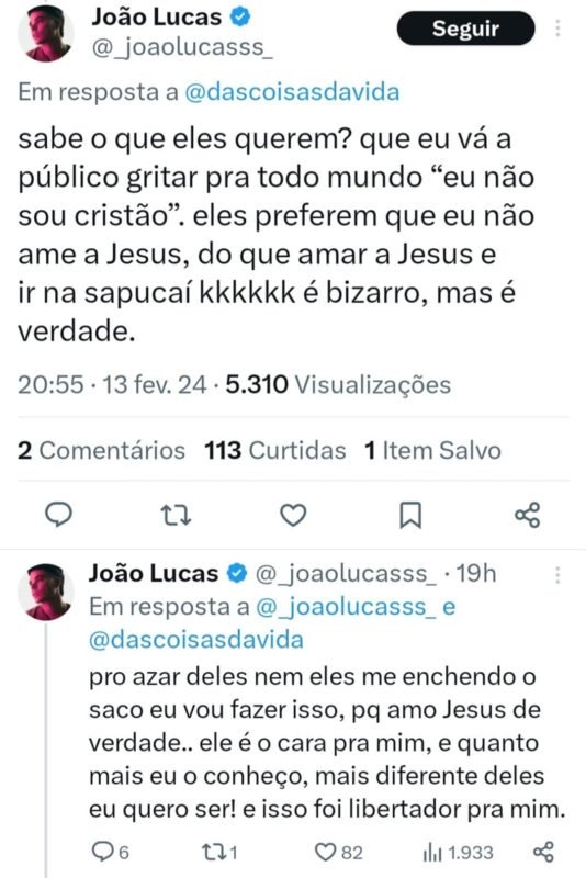 Print do marido de Sasha, Jo&atilde;o Lucas, sobre os evang&eacute;licos - Metr&oacute;poles