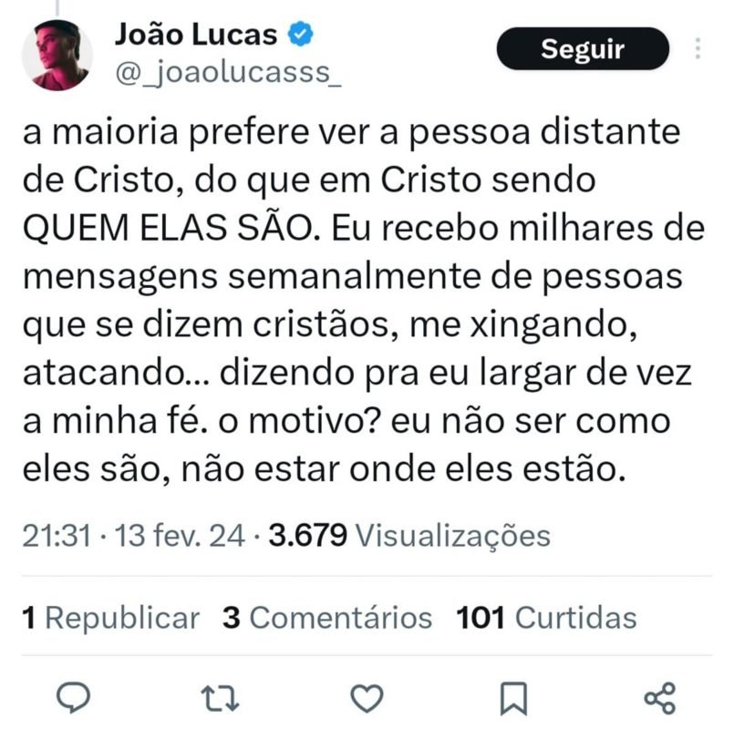 Print do marido de Sasha, Jo&atilde;o Lucas, sobre os evang&eacute;licos - Metr&oacute;poles