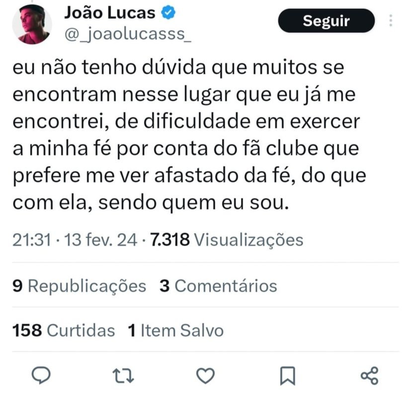 Print do marido de Sasha, Jo&atilde;o Lucas, sobre os evang&eacute;licos - Metr&oacute;poles