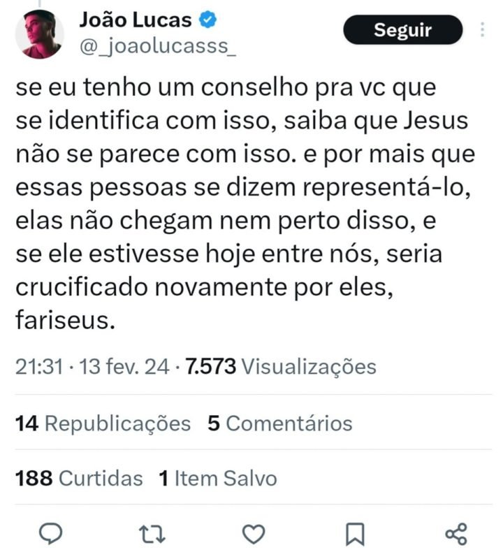 Print do marido de Sasha, Jo&atilde;o Lucas, sobre os evang&eacute;licos - Metr&oacute;poles