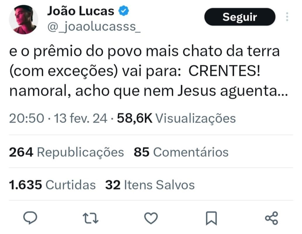 Print do marido de Sasha, Jo&atilde;o Lucas, sobre os evang&eacute;licos - Metr&oacute;poles