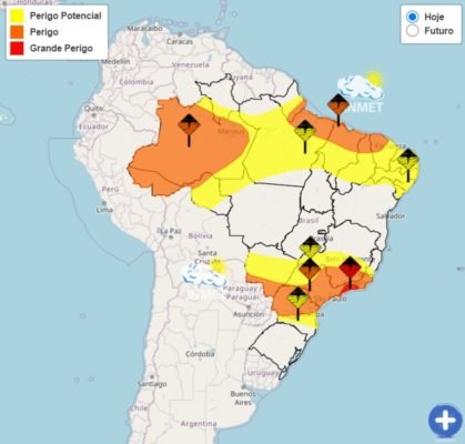 foto colorida de mapa meteorológico do Inmet, que aponta situação de grande perigo para temporais no litoral norte e Vale do Paraíba, em SP - Metrópoles