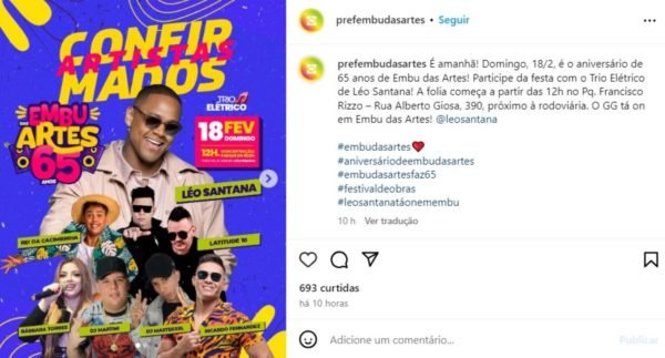Print mostra publicação do Instagram da Prefeitura de Embu das Artes anunciando show de Léo Santana no aniversário da cidade - Metrópoles
