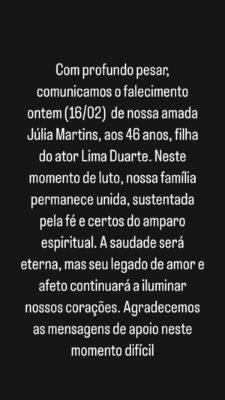 Lima Duarte se manifesta sobre morte de sua filha, Julia - Metrópoles