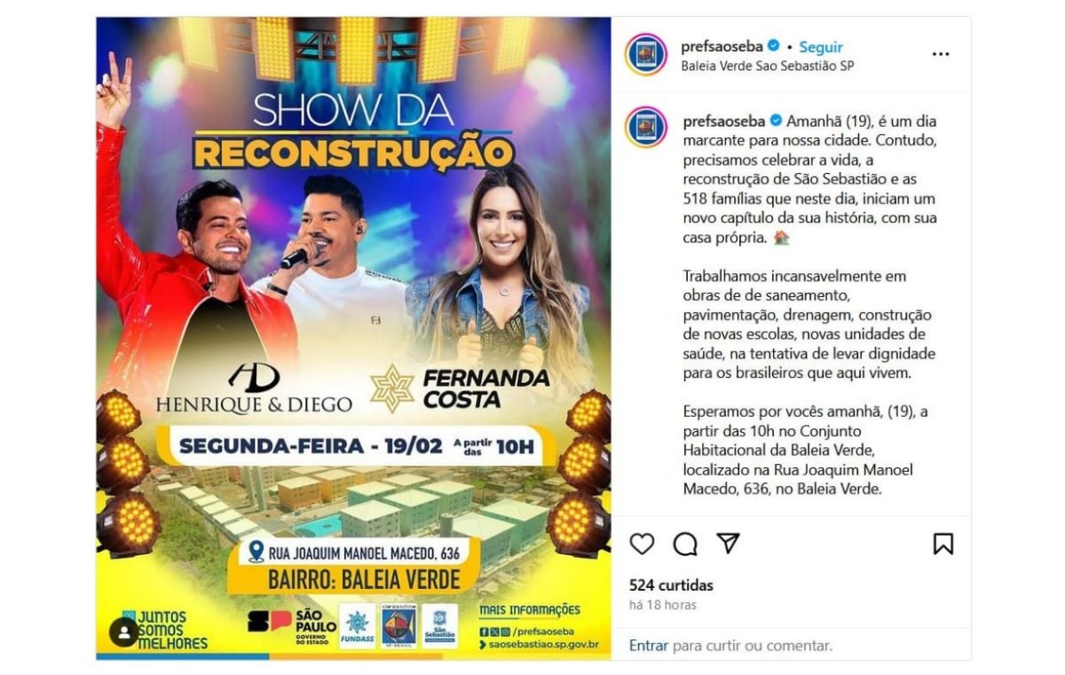 Imagem de publicação de Instagram da Prefeitura de São Sebastião com flyer de shows - Metrópoles