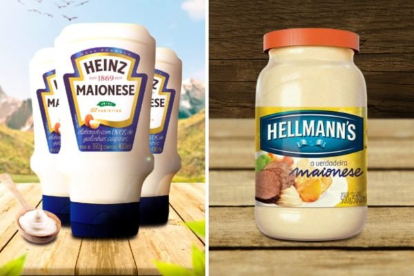 Montagem com embalagens de maionese das marcas Heinz e Hellmann's
