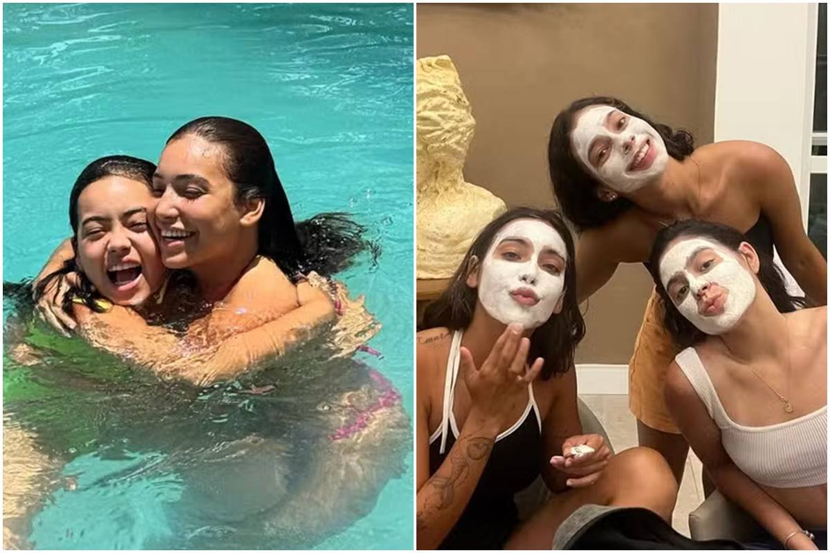 Montagem colorida com fotos de Vanessa Lopes. Em uma ela está na piscina, abraçando uma amiga, e na outra faz skincare com duas amigas - Metrópoles